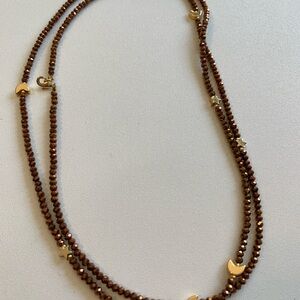 Moon and Stars Brown and Gold Beaded Necklace
